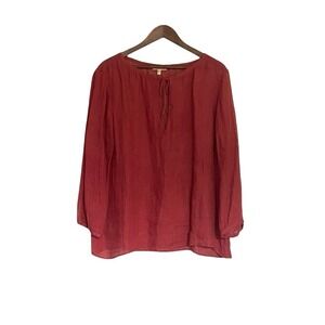 Eileen Fisher Red 100% Linen Tie Neck Gauze Tunic Blouse Top Women's Large L